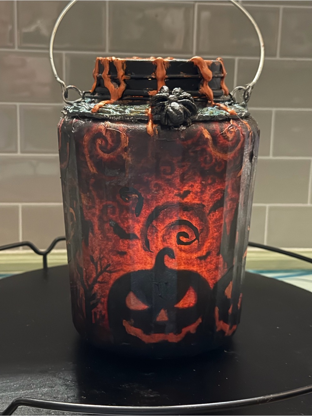 Halloween Pumpkin Lantern Jar - Orange and Black Decorative Lantern